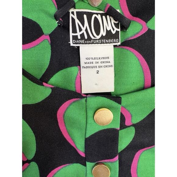 Diane Von Furstenberg Green Pink Geometric 100% Silk Long Sleeve Mini Dress Sz 2 - Picture 7 of 11